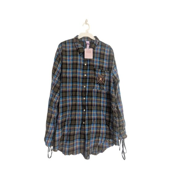 Savage × Fenty Tied Up Tartan PJ Raw Hem Button Down Sleep Shirt XL -NEW- - Picture 1 of 8